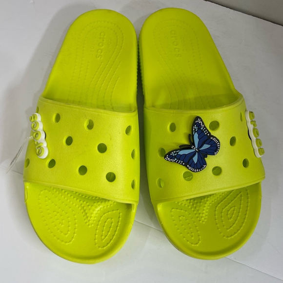 CROCS Kids Neon Yellow Slide Sandals with Butterfly in new condition - Picture 2 of 4